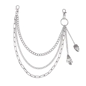 Chaîne de pantalon multicouche en métal argenté avec pendentifs main de crâne