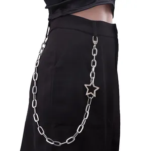 Hip Hop Silver Metal Pants Chain With Hollow Star Pendant Punk Streetwear Waist Belt Chain For Men Women Clothing Accessories