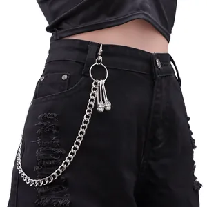 Punk Hip Hop Silver Metal Pants Chain With Skull Safety Pin Pendant Lobster Clasp Wallet Chain For Women Men Jeans Belt Accessories