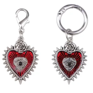 Gothic devil eye heart charms for boots with silver roses and red enamel finish