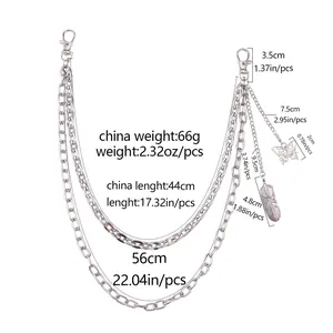 Detail of silver double-layered pants chain with butterfly feather charms and dimension labels