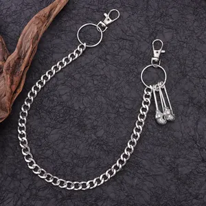 Punk hip-hop silver metal wallet chain with skull pendants and lobster clasps