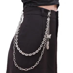Double-layered silver metal pants chain with butterfly and feather charms for street style