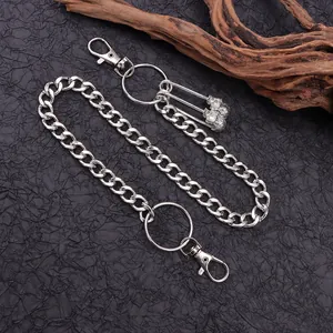 Hip hop silver metal pants chain with skull safety pin pendant and lobster clasps