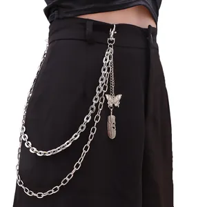 Hip Hop Punk Double Layer Metal Pants Chain Butterfly Feather Pendant Waist Chain Streetwear Jewelry For Men Women