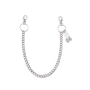 Hip hop punk style silver metal pant chain with safety pin charms and lobster clasps