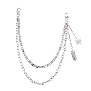 Double-layered silver metal pants chain with feather and butterfly pendants for unisex style