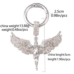 Silver angel charm with sparkling crystals for boots or keychains shown with dimensions