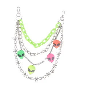 Multi-layer Y2K waist chain with neon green plastic links and alien pendants
