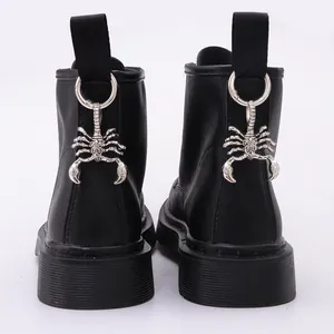 Punk black matte ankle boots featuring gothic silver scorpion metal pendant charms