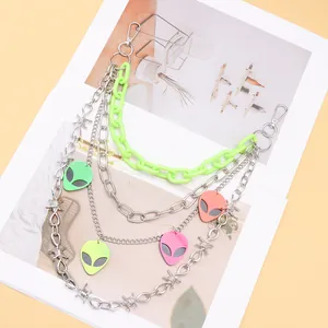Punk multilayer metallic pants chain with neon resin links and colorful alien charms