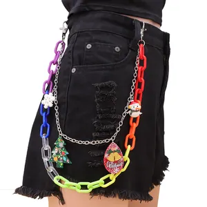 Chaîne de Pantalon en Acrylique Multicolore de Noël Avec Breloques Bonhomme de Neige Sapin Double Couche Métal Hip Hop Taille
