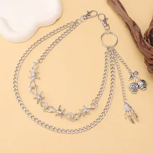 Double-layered punk skull and skeleton hand trousers chain with barbed wire design
