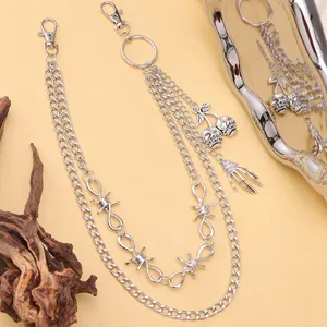 Punk silver double-layered pants chain featuring skull cherry and skeleton hand charms