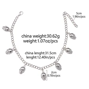Silver metal shoe chain with 31.5cm length and six 3D skull charms for boot accessory