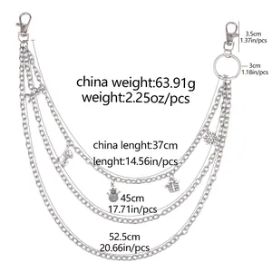 Detailed view of silver multilayer pants chain with Christmas charms and size specs