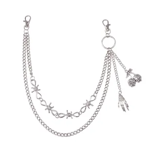 Double-layered punk metal wallet chain with skull cherry charms and barbed wire design