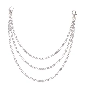 Three-layer silver metal pants chain with lobster clasps for punk hip-hop denim style
