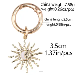 Detailed size chart of gold sun and moon shoe charm with 2.5cm ring and 3.5cm pendant