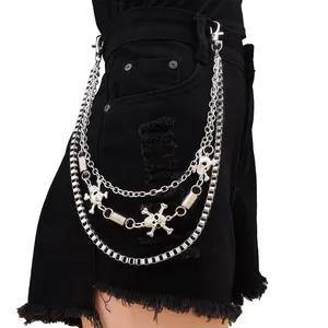 Cadena de pantalones punk de tres capas con calaveras y resortes metálicos plata