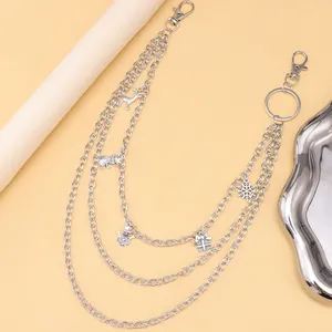 Three-layer silver metal pants chain featuring Christmas charms like elk and snowman