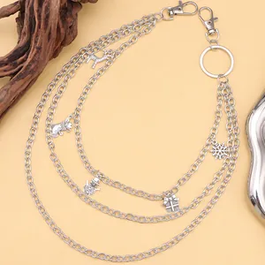 Multi-layer silver metal pants chain with Christmas snowman and snowflake charms