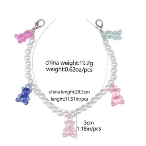 Detailed view of 29.5cm pearl shoe chain with five colorful resin bear charms and lobster clasps
