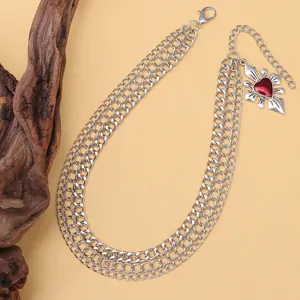 Chaîne de chaussure multicouche avec pendentif cœur rubis pour bottes style punk