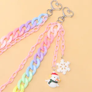 Macro detail of acrylic pant chain with resin snowman and snowflake charms