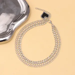 Three-layer silver metal shoe chain with black mosaic pixel heart pendant accessory