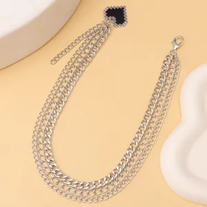 Multilayer silver metal shoe chains with a black 8-bit mosaic heart pendant accessory