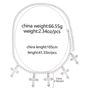 Dettaglio catena vita in metallo argento 105cm con cinque croci cave da 5,5cm