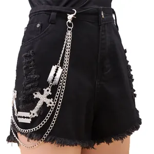 Punk Gothic Multilayer Pant Chain With Cross And Razor Blade Pendant Hip Hop Metal Waist Chain For Jeans Men Women Jewelry