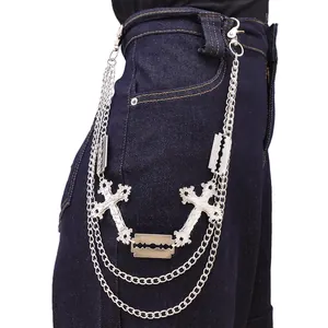 Punk multilayer silver pants chain with gothic cross pendants and razor blade motifs