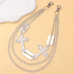 Three-layer silver punk wallet chain with cross and blade pendants for jeans and trousers