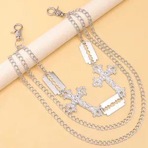 Punk style multi-layer metal trousers chain with cross and razor blade pendant charms