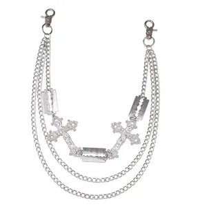 Three-layer silver metal pants chain with hollow cross pendants and razor blade charms