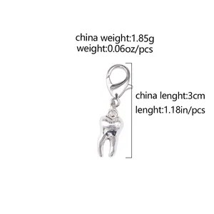 Colgante de diente de plata pulida con cierre de mosquetón, accesorio de joya de 3 cm