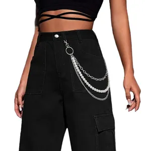 Schwarze Cargohose mit hoher Taille und Punk-Stil Mehrschicht-Perlen-Metallketten
