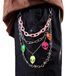 Pink acrylic and silver metal layered pant chain with neon alien head pendants