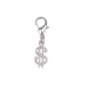 Detailed view of silver dollar sign pendant with lobster clasp for fashion boots