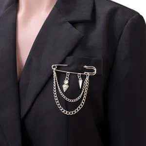 Punk style silver safety pin brooch with double layer chains and geometric pendants
