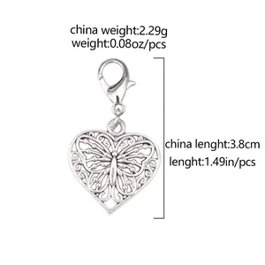 Detailed view of silver heart butterfly charm with measurements 3.8cm and lobster clasp