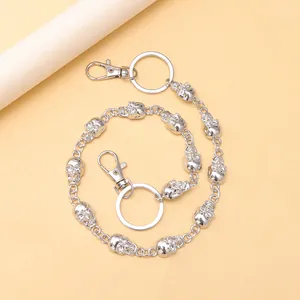 Silver skull chain belt with lobster clasp for men, punk hip-hop trousers accessory