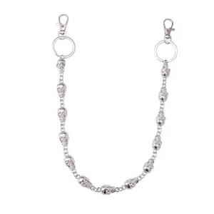Hip hop silver skull waist chain with double metal lobster clasps for pants