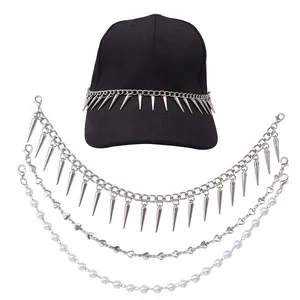 Punk Metal Spike Rivet Heart Chain Faux Pearl Hat Accessory Decoration For Baseball Cap Gothic Style Jewelry Chain Ornament
