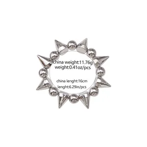 Detail view of silver punk spike bracelet showing 11.76g weight and 16cm length specs