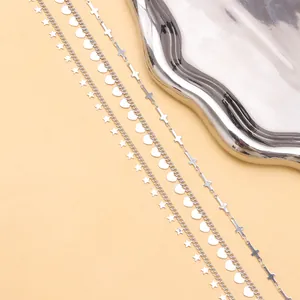 Three-piece silver chain set with star, heart pendants and cross links for hats