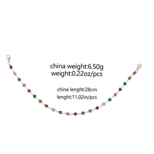 Detail of colorful bohemian heart bead chain with lobster clasp and length dimensions