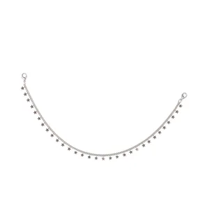 Detail view of silver chain with star charms featuring dual lobster claw clasps